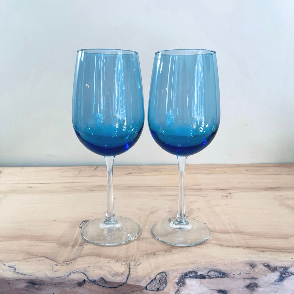 Vtg Retro Libbey Vina Blue Wine Glass Clear Stem Stemware Glassware Goblet